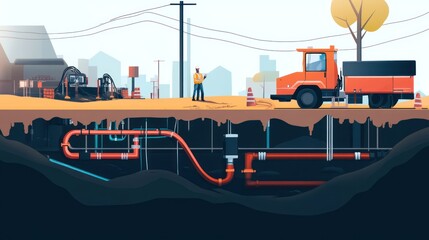 Illustration of an urban construction site with underground utilities and machinery.