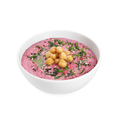 Tasty beetroot hummus and chickpeas in bowl isolated on white