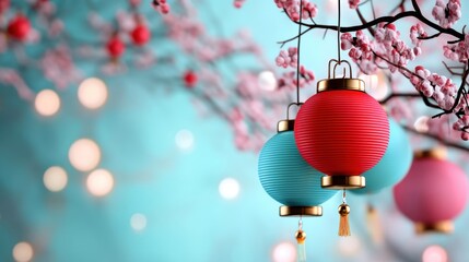 Obraz premium Colorful lanterns hanging from branches, against a serene blue background with pink blossoms.