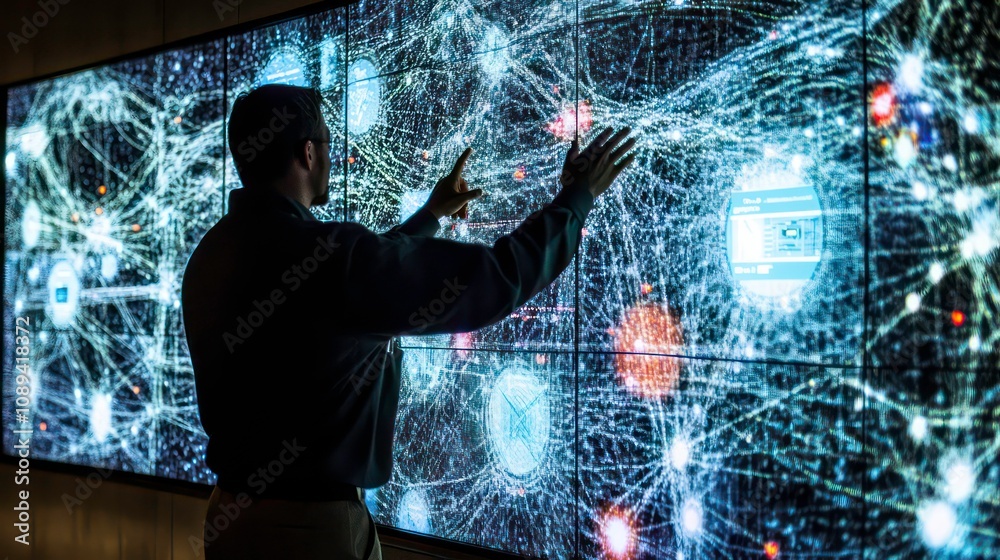 Aufkleber A man stands in front of a large screen displaying a complex network of data points, reaching out to interact with the digital information.