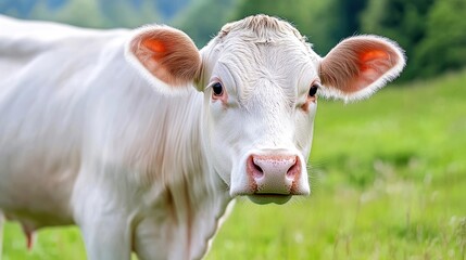 Close-up of a curious white calf in a green pasture under a clear blue sky.