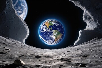 Distant View of Earth from the Rocky Surface of the Moon in Space