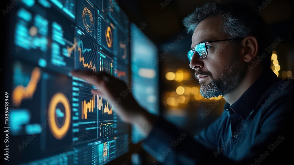 Poster a businessman in glasses analyzes data on a large screen in a dark room.