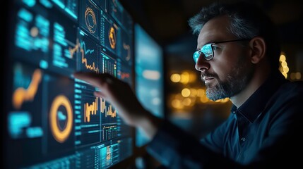 A businessman in glasses analyzes data on a large screen in a dark room.