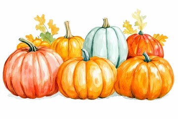 Obraz premium A Vibrant Collection of Colorful Pumpkins and Gourds Perfect for Autumn Harvest Decor and Seasonal Celebrations in a Beautiful Watercolor Style