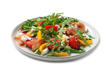 Tasty salad with arugula, cheese and vegetables isolated on white