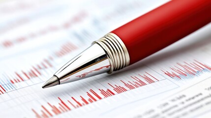 Close-up of a red pen on a financial report with graphs and statistics.