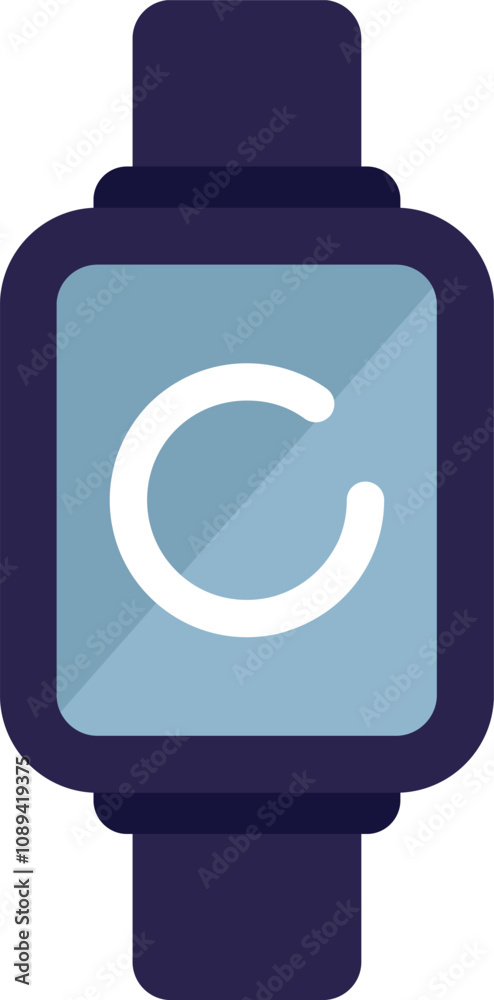 Poster modern smartwatch is displaying a loading icon, suggesting ongoing synchronization or data processin