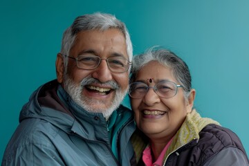 Portrait of a grinning indian couple in their 60s wearing a functional windbreaker while standing against soft teal background