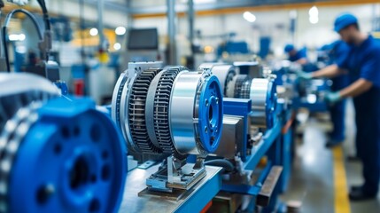 Obraz premium Industrial Manufacturing Process with Electric Motors and Assemblers in Modern Factory Setting Focusing on Precision Engineering and Technology Advancement