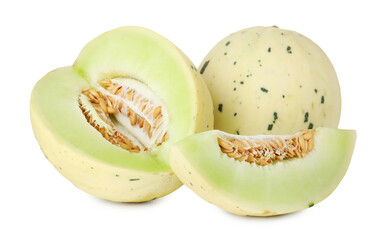 Whole and cut fresh ripe melons isolated on white