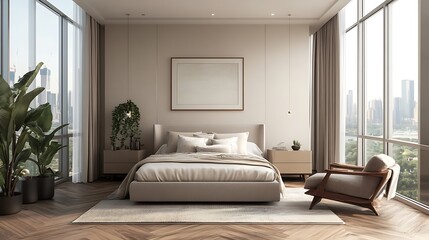 Elegant and Cozy Modern Bedroom Interior Design with Stylish Decor, mockup, poster and Background