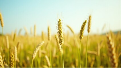 Fototapeta premium Golden wheat field under blue sky, one ear in focus, agriculture, harvest season, serene nature. Generative, AI,