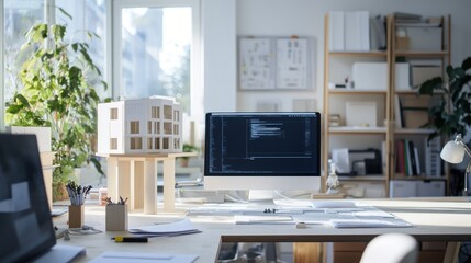 A bright and airy workspace featuring a suburban housing complex model, clean tools, and digital screens 