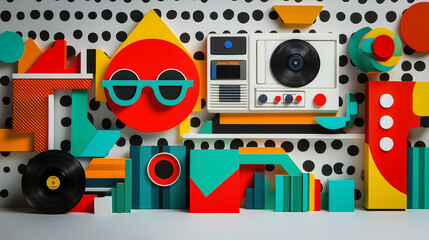 Obraz premium Funky Smartphone Wallpaper Displaying Iconic 80s Items Like Boomboxes, Vinyl Records, And Colorful Sunglasses, Against A Backdrop Of Stripes And Polka Dots