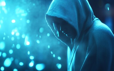 Obraz premium A contemplative figure in a hoodie surrounded by a blue, ethereal atmosphere.