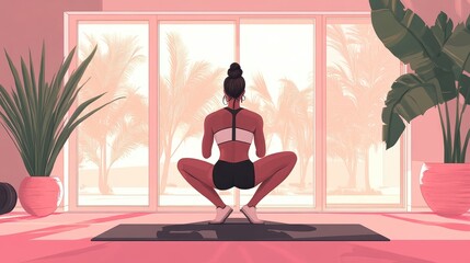 Woman practicing yoga indoors with a serene view of palm trees.