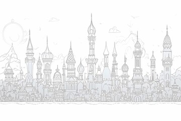 Naklejka premium Intricate Outline of a Fantasy Cityscape Featuring Diverse Architectural Styles and Majestic Structures Against a Serene Mountain Backdrop in Black and White