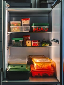 Organized refrigerator filled with colorful food storage containers and fresh ingredients on shelves.