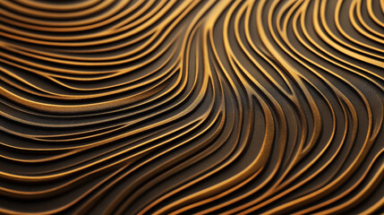 Abstract close-up of a smooth and flowing golden wave pattern on a dark textured background creating a dynamic and elegant visual effect.