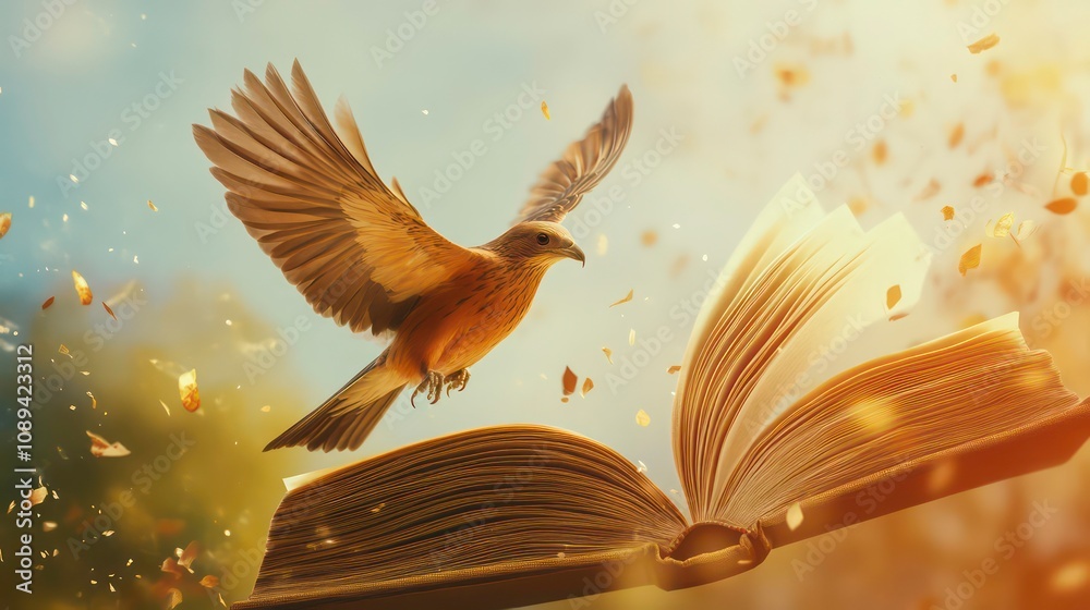 Poster a bird takes flight from an open book, symbolizing knowledge and freedom.