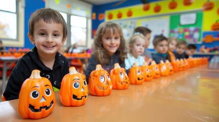 Children in classroom smiling while participating in math activity with pumpkin-shaped manipulatives. Bright colors and Halloween decorations in background create festive, educational atmosphere.