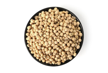 Soy beans in bowl isolated on white, top view