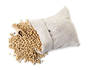 Soy beans in burlap sack and scoop isolated on white, top view