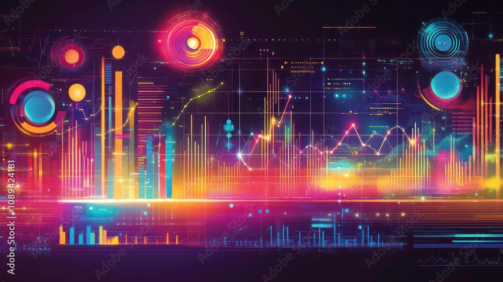 Poster Abstract futuristic background with glowing neon lines and data visualizations.