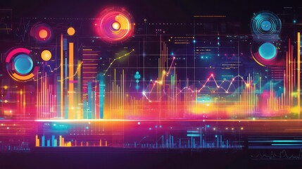 Abstract futuristic background with glowing neon lines and data visualizations.