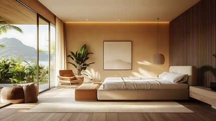Fototapeta premium Elegant and Cozy Modern Bedroom Interior Design with Stylish Decor, mockup, poster and Background