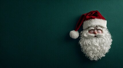 A detailed 3D embroidery of Santa Claus’s face with a fluffy white beard and sparkling red hat on a green felt background.
