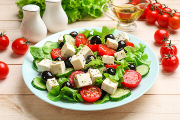 Delicious salad with feta cheese served on white wooden table, closeup