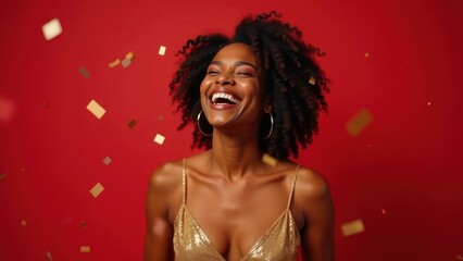 Naklejka premium Holiday and party, Christmas, New Year, birthday concept: beautiful young woman in evening dress standing under confetti on red background