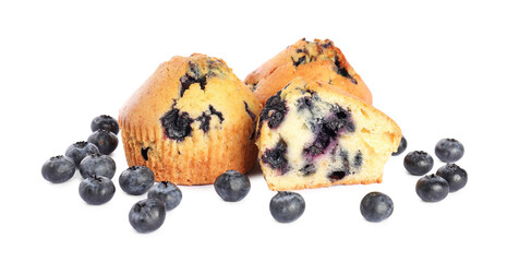 Delicious sweet muffins with blueberries isolated on white