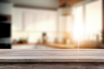 Empty wooden table top in interior of kitchen
