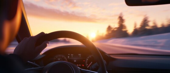 driving into a sunset with a scenic winter landscape