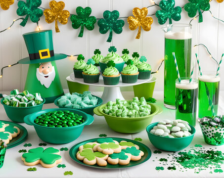 Celebrate with a festive green spread featuring treats and drinks for St. Patrick's Day festivities - Powered by Adobe