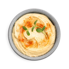 Delicious hummus with paprika isolated on white, top view