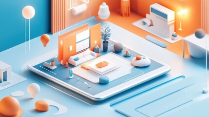 Fototapeta premium A dynamic interactive smart home display on a tablet, surrounded by AR elements 