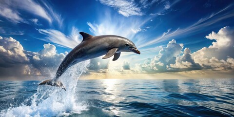 Obraz premium A Majestic Dolphin Soaring Through the Air, Its Silky Form Gliding Effortlessly Above a Pristine Blue Sea, the Sun's Rays Filtering Through White Clouds