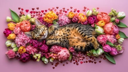 Obraz premium Cute pet in love with rose flower. Adorable domestic animal Valentine Banner with place for text. Greeting card floral concept design