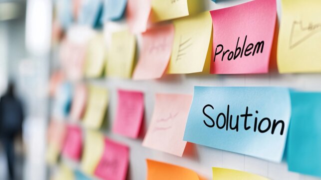 Colorful sticky notes providing solution to problems are arranged on white board