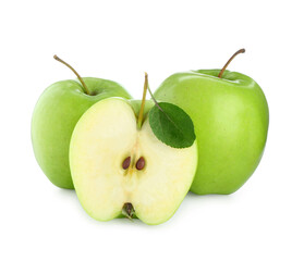 Whole and cut fresh green apples isolated on white