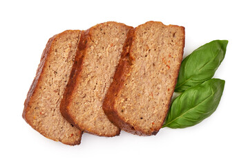 Baked meatloaf, isolated on white background.