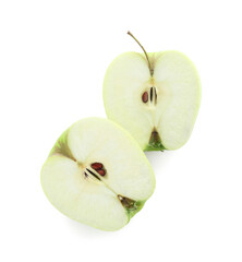Halves of green apple isolated on white, top view