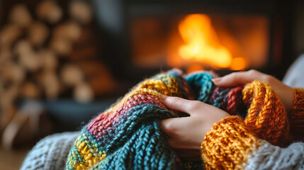 Warm Cozy Hands Holding Knit Blanket by Fireplace