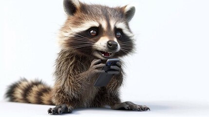Obraz premium Cartoon raccoon happily chatting on a mobile phone in a playful setting