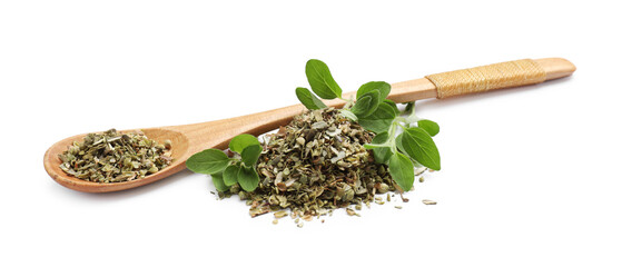Dried oregano, green leaves and wooden spoon isolated on white