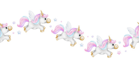 Unicorn and stars. Watercolor nursery seamless border. Cute baby background. Print for kid's goods, clothes, textile, postcards, baby shower, wallpaper and children's room